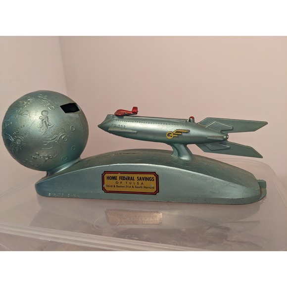 Vintage Strato Bank XU 232 Rocket to Moon Mechanical Coin Bank Federal Tulsa - Picture 2 of 12